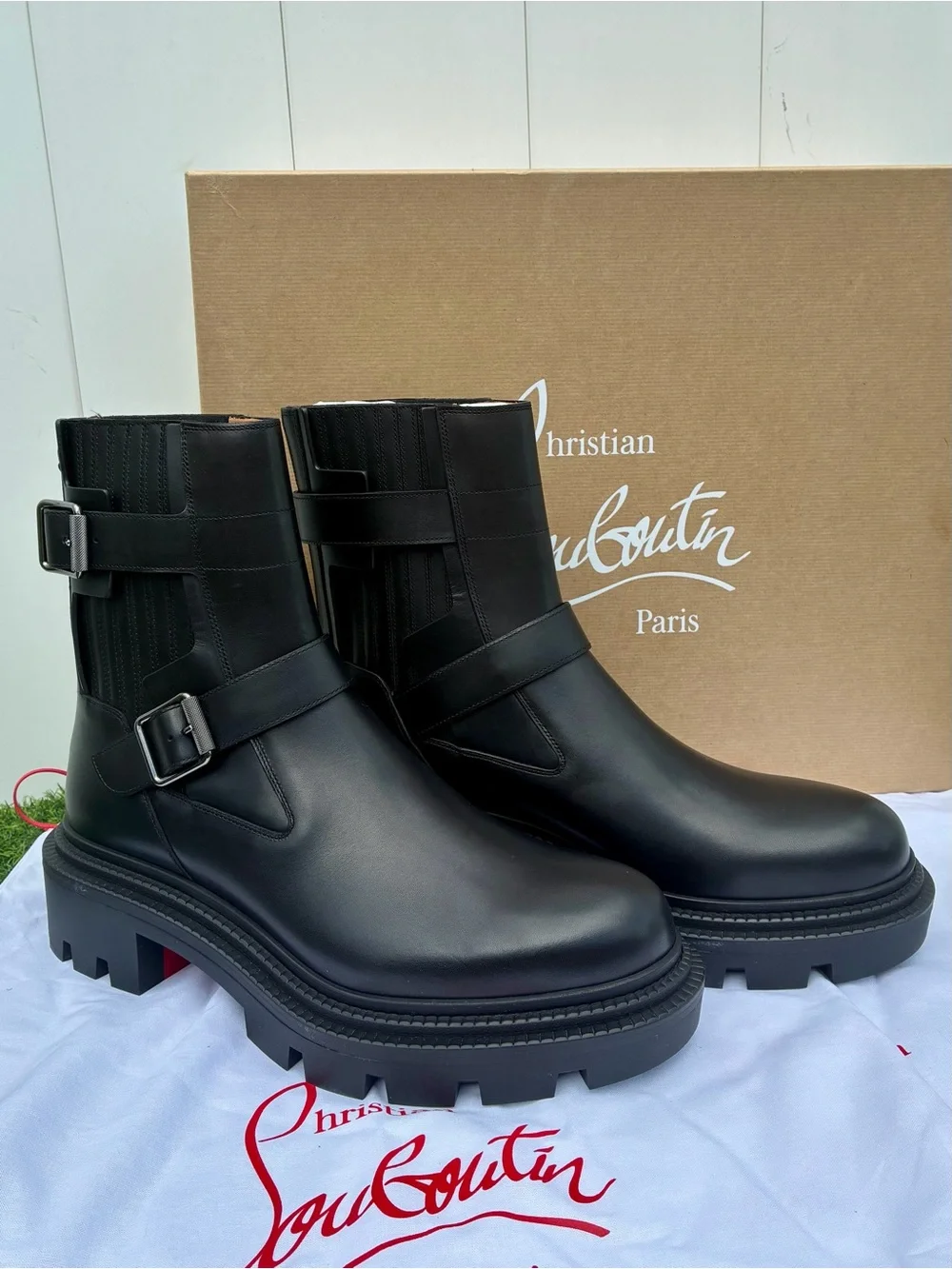 CHRISTIAN LOUBOUTIN OXYBOOTIE COLLEGE FLAT BLACK LEATHER ANKLE BOOTS SZ 43.5 NEW